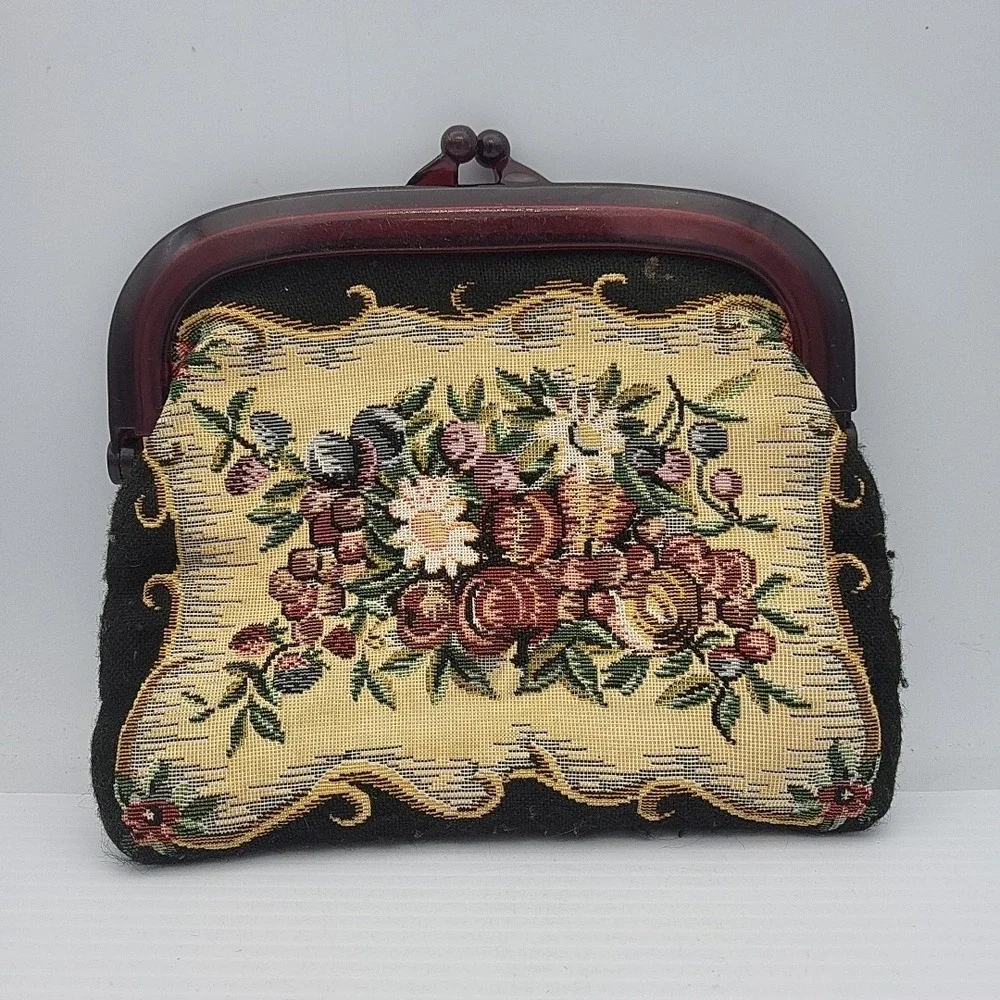 Vintage Tapestry Clutch Coin Bag / Purse W/ Bakelite Plastic Snap Closure Floral
